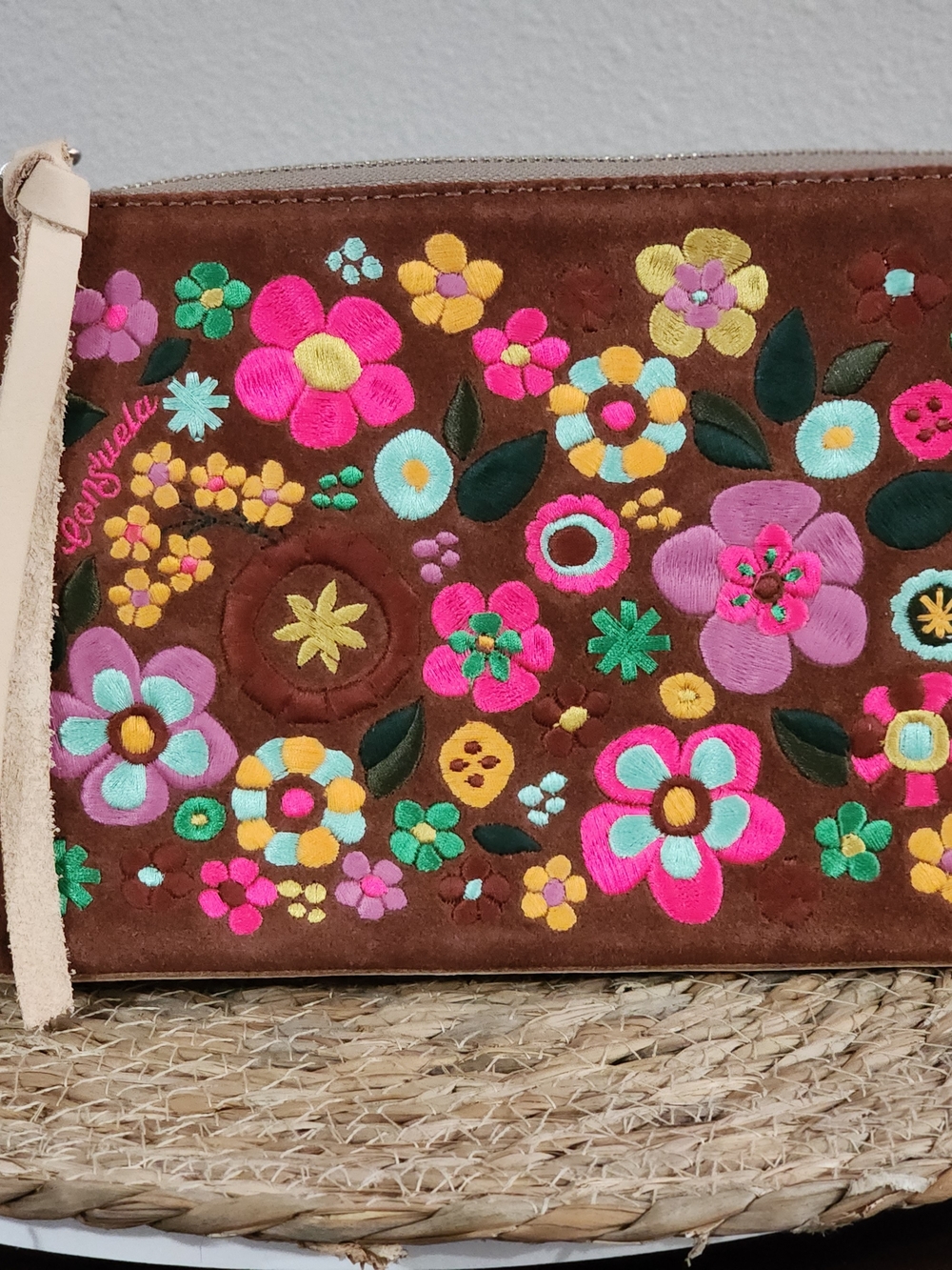 CONSUELA Suede Sienna Midtown Crossbody with Multicolor Floral Embroidery NWOT - Picture 8 of 16